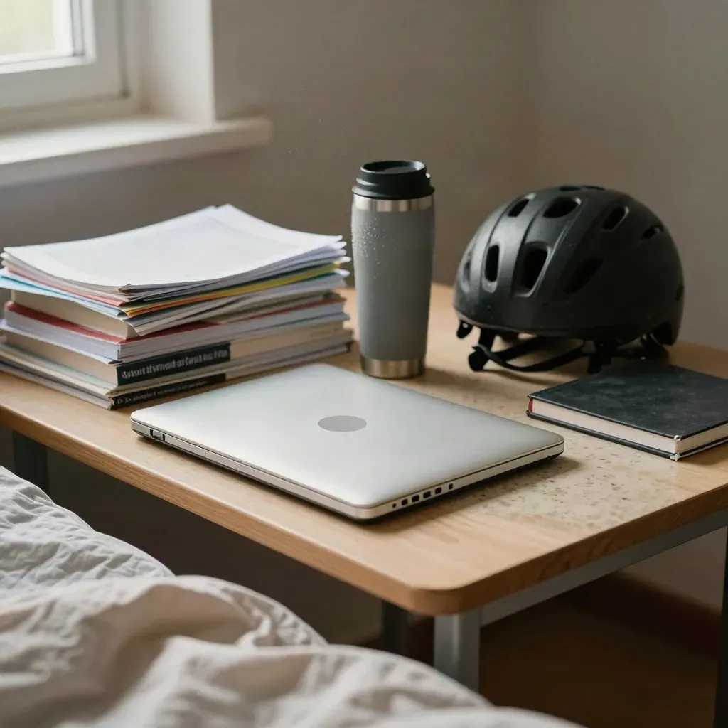 Studentenbureau met laptop, thermobeker, boeken en fietshelm in zacht ochtendlicht.