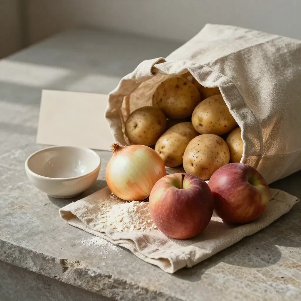 Boodschappentas met aardappelen, ui, appels, doek en schaal op een stenen oppervlak.